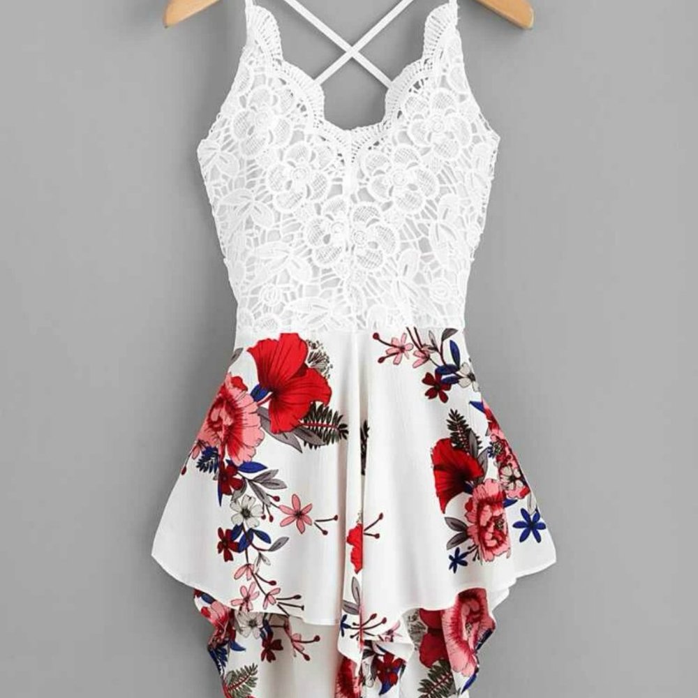 crochet lace panel bow back floral romper